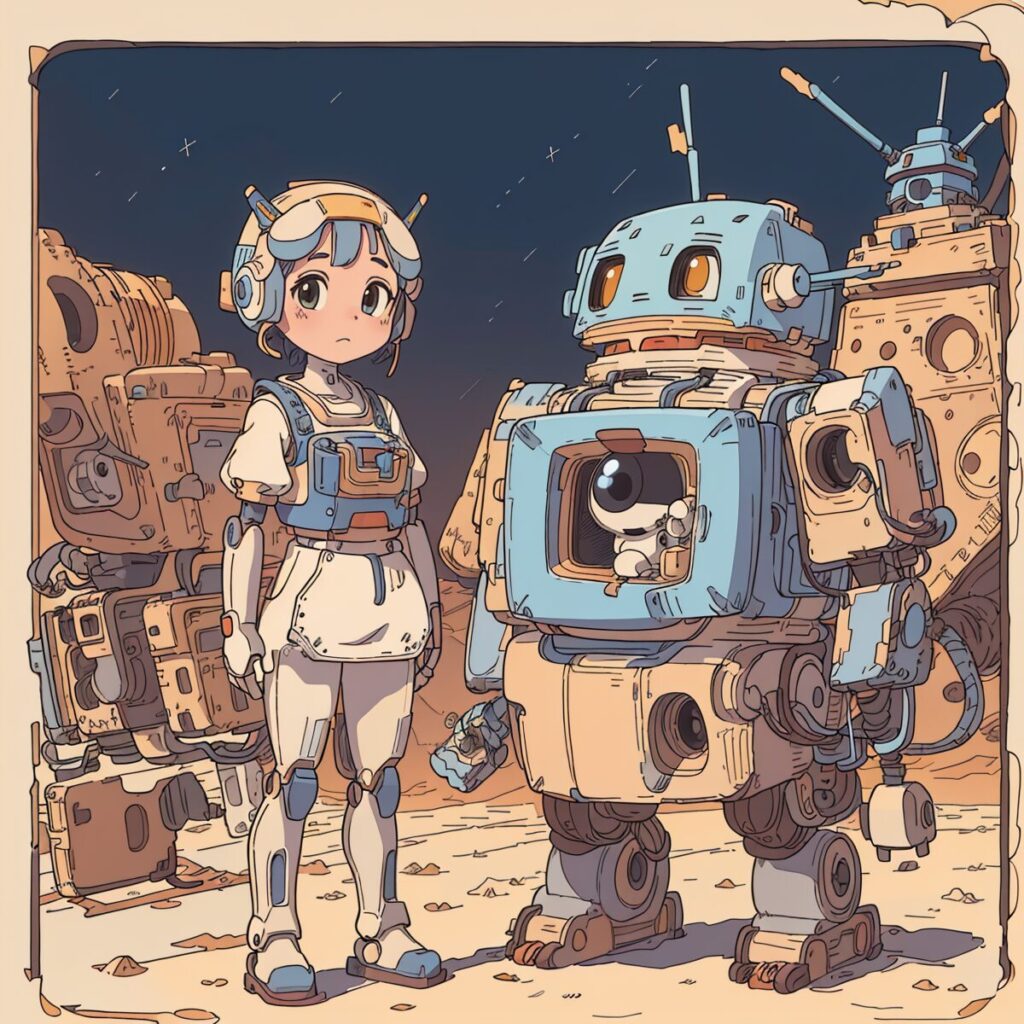 女の子とロボットのイラスト画像